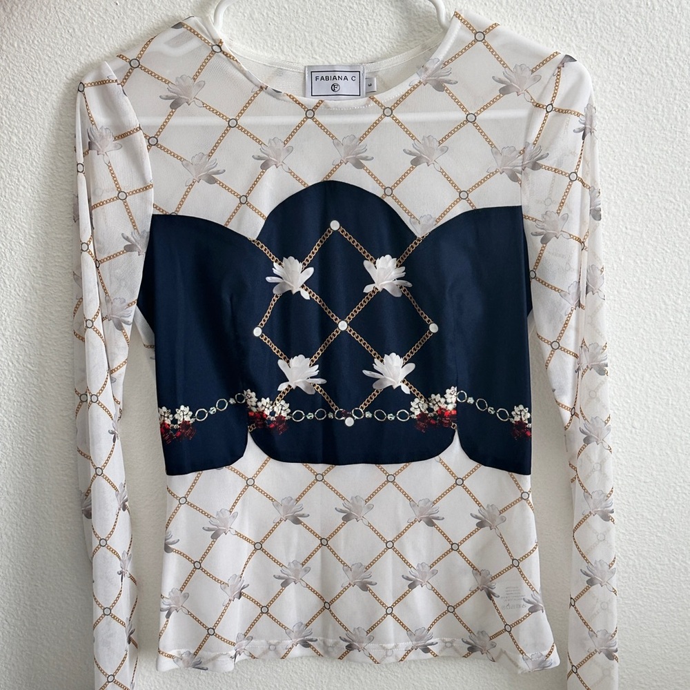 White and Navy Patterned Women's Top